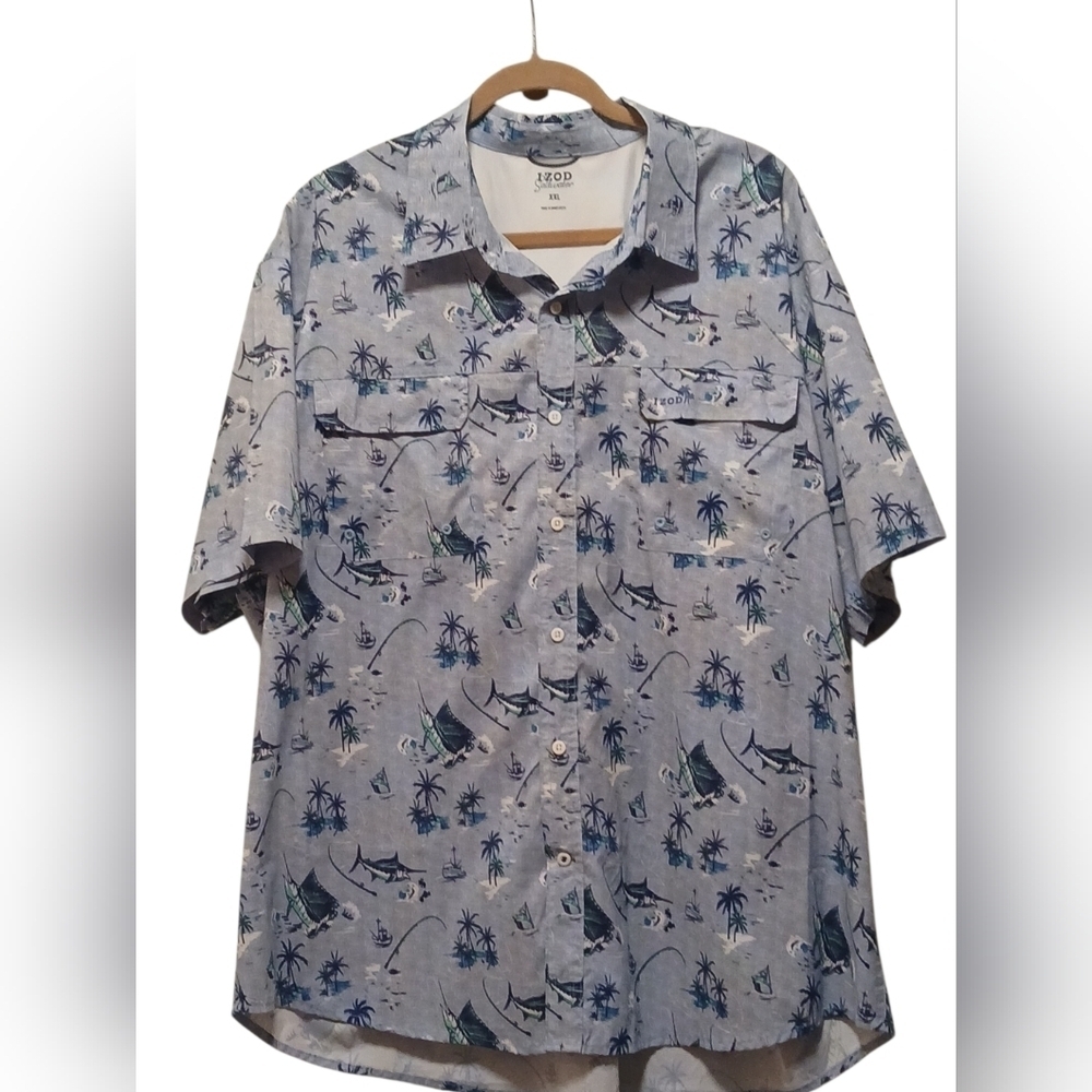 IZOD SaltWater - Blue Button Down, Short Sleeve Shirt, Fishing Theme Print, XXL - Picture 2 of 7